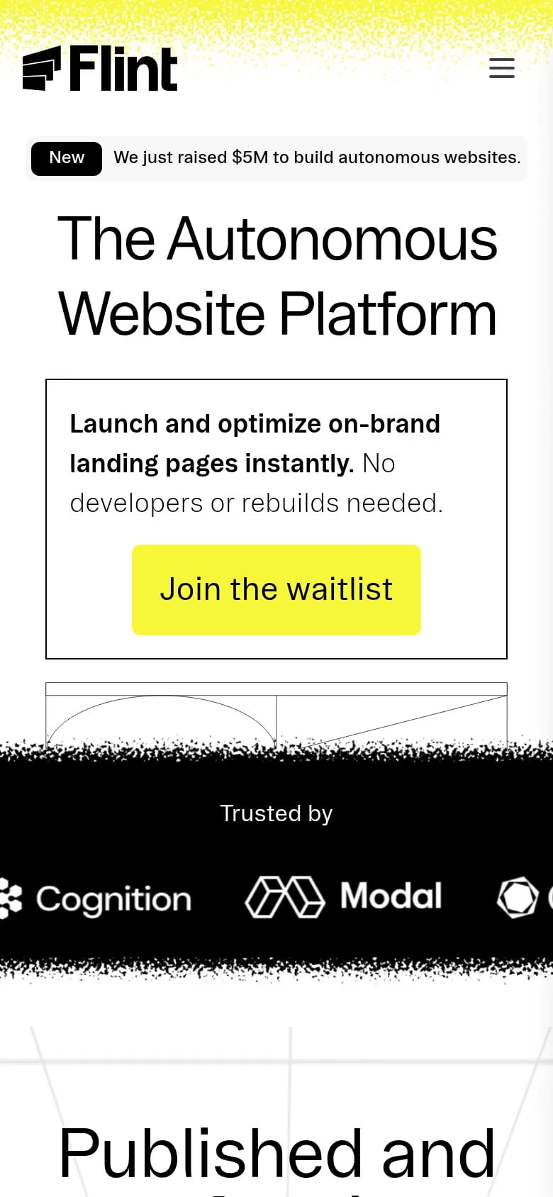Flint — mobile screenshot of a techy, clean AI landing page in black and white