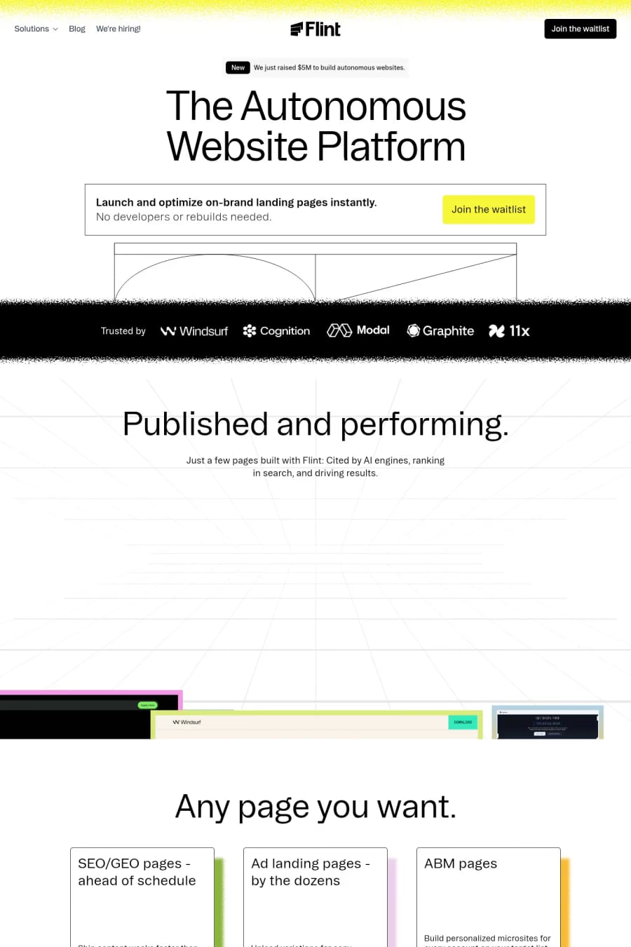 Flint — screenshot of a techy, clean AI landing page in black and white
