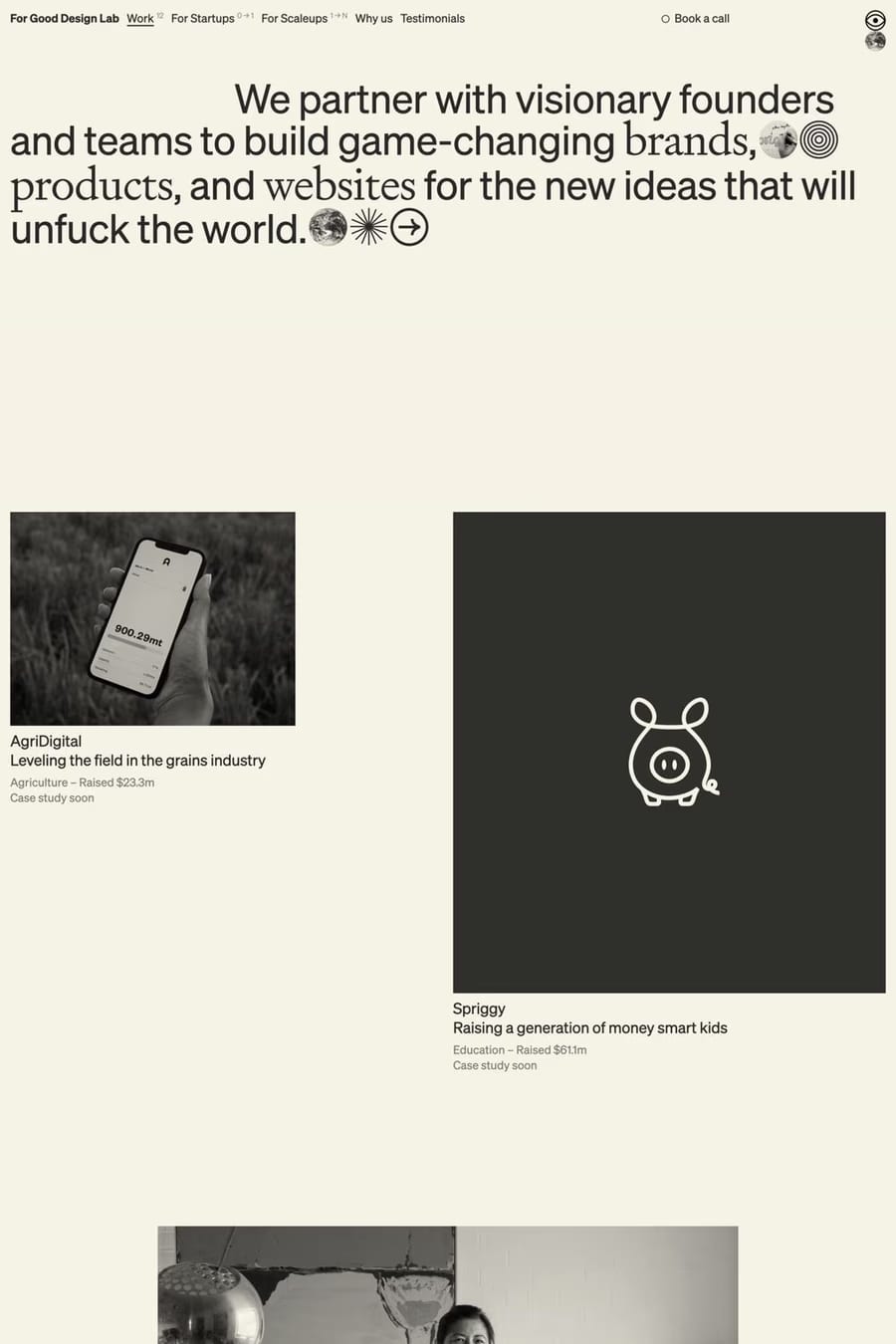 For Good Design Lab — screenshot of a minimal, monochrome design agency site in beige and dark red