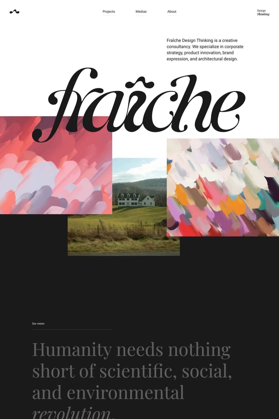 Fraiche — screenshot of a design agency site in white and black, with overlapping elements and texture