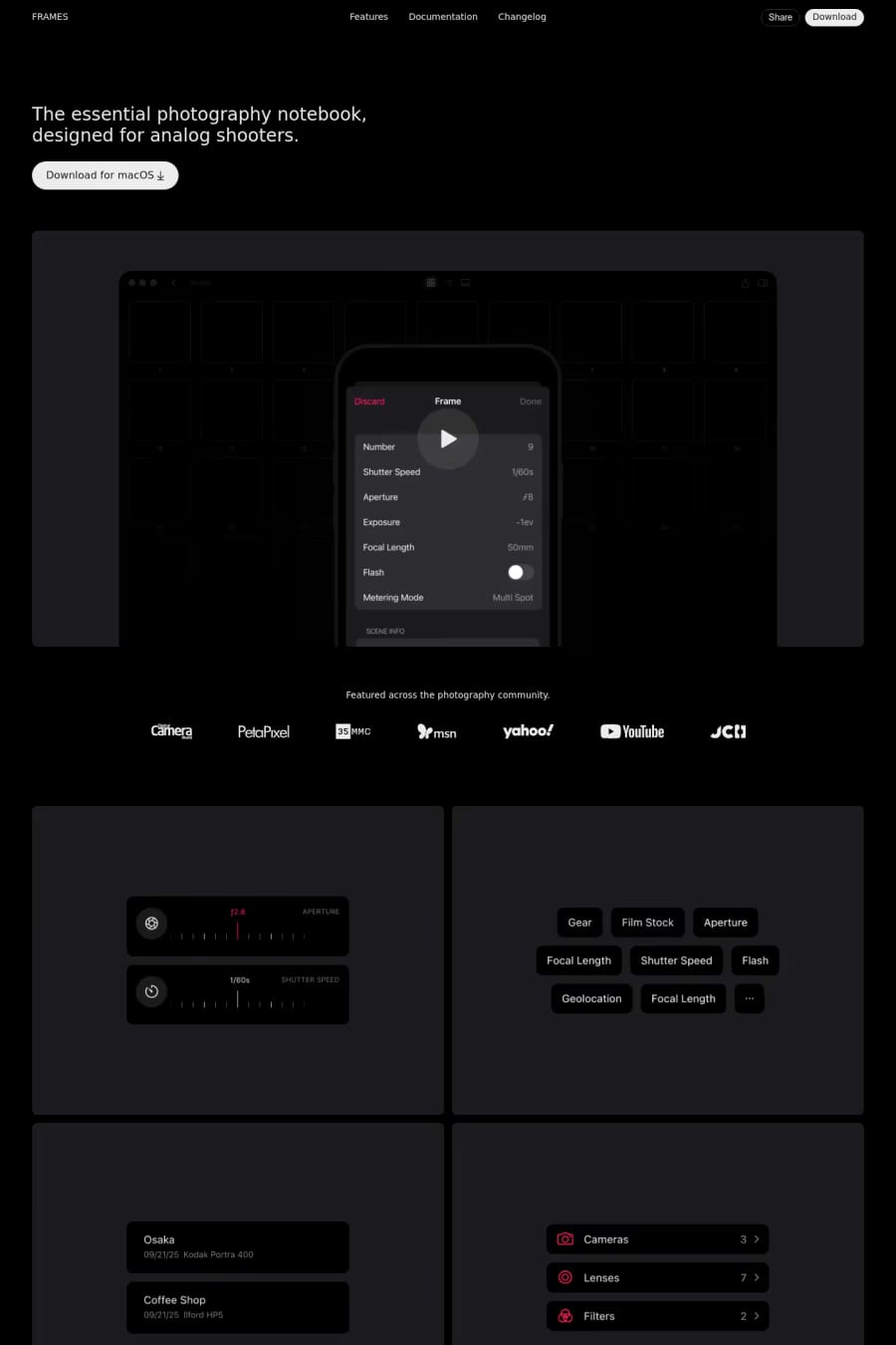 Frames — screenshot of a clean, minimal photography landing page in black