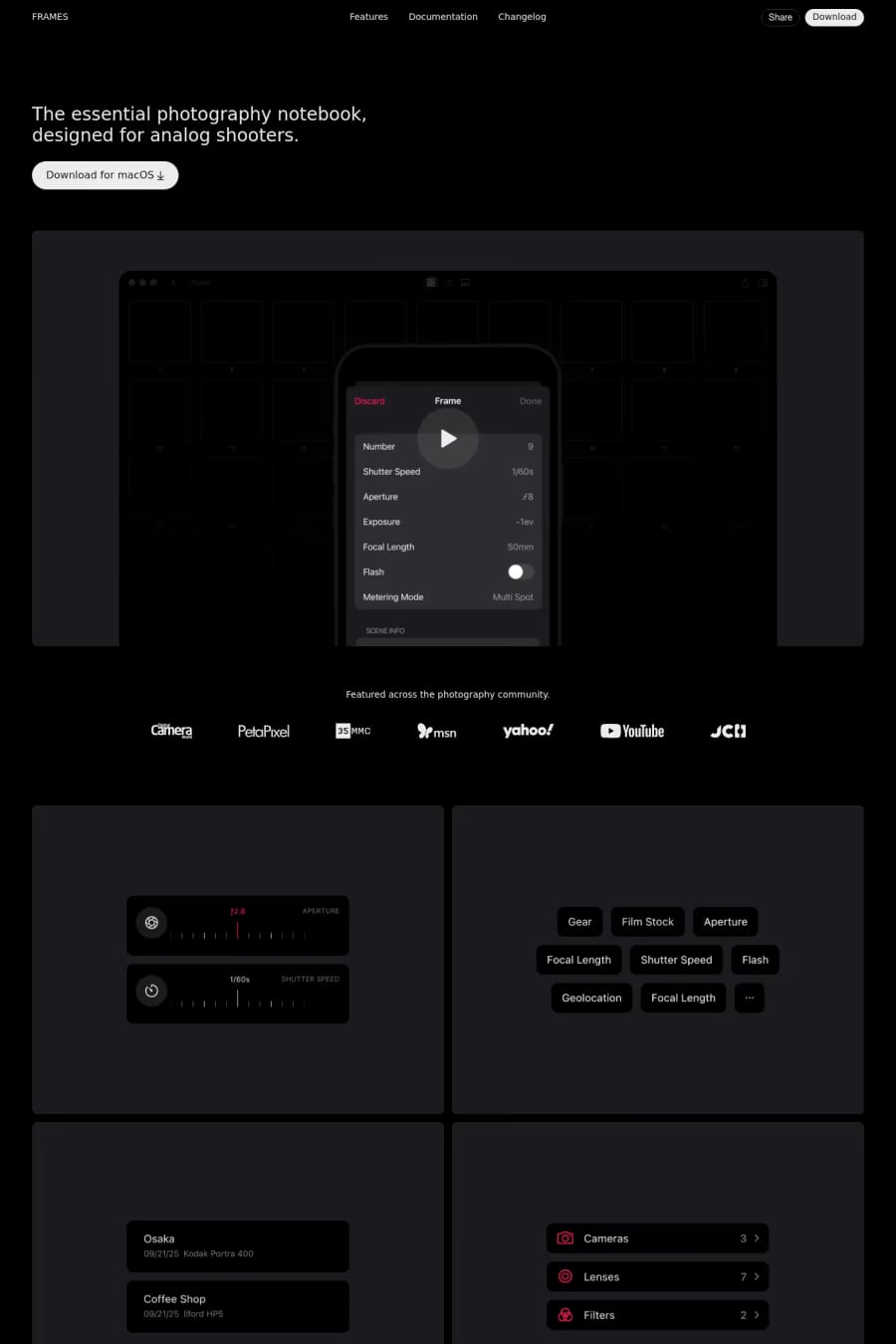 Frames — landing website screenshot