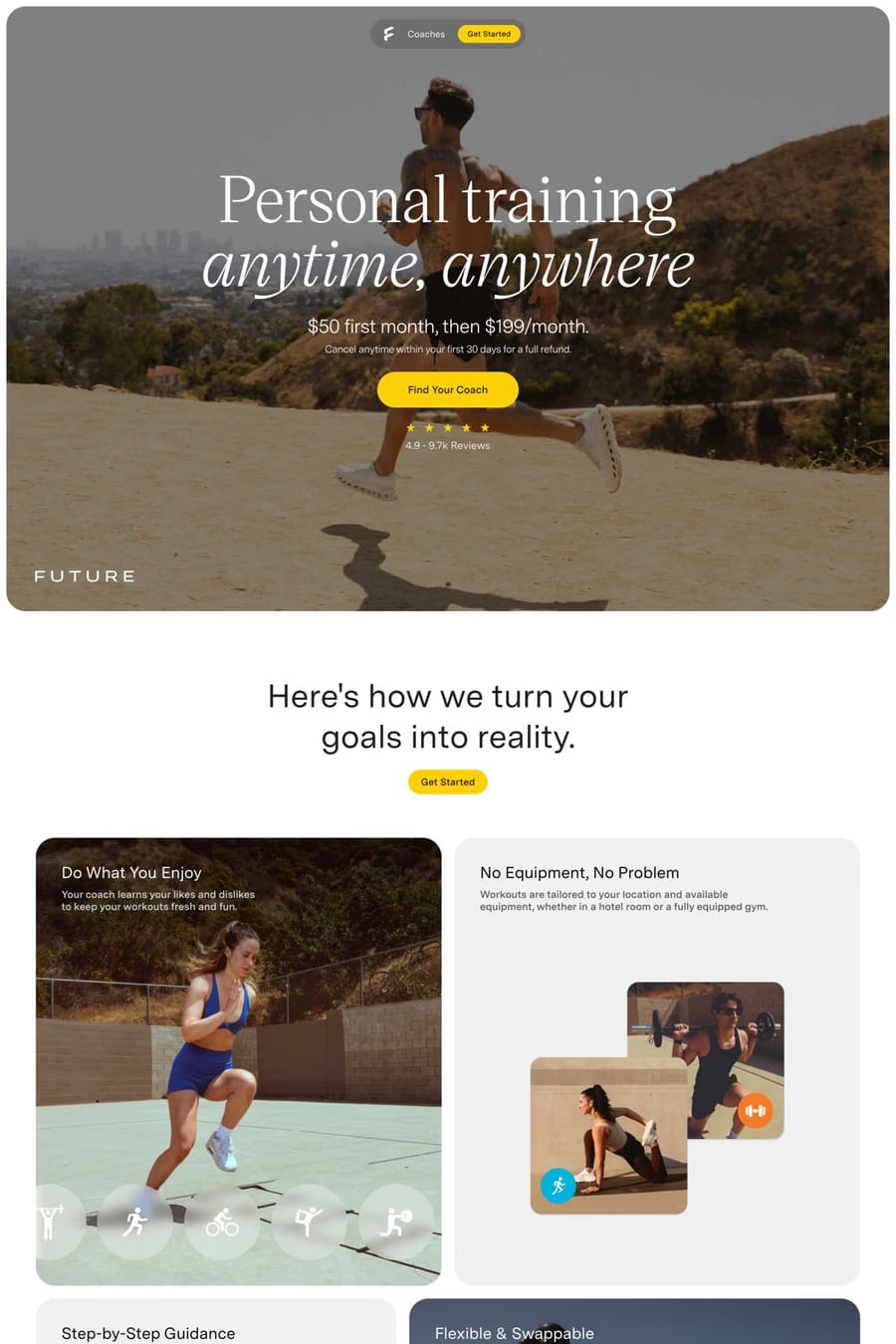Future — screenshot of a clean, bright health landing page in white and light grey