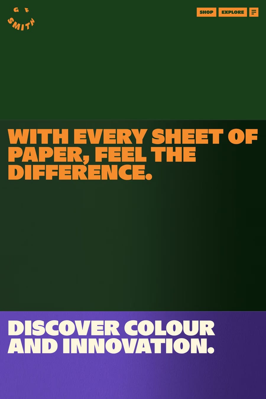 G . F Smith — screenshot of a colourful, fun design landing page in dark green and orange