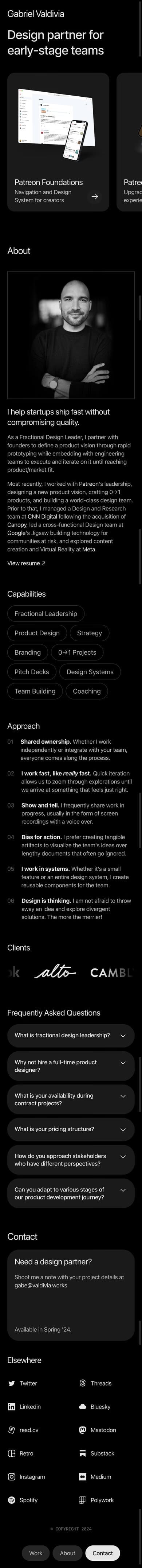 Gabriel Valdivia — mobile screenshot of a black-and-white design portfolio site in black and white
