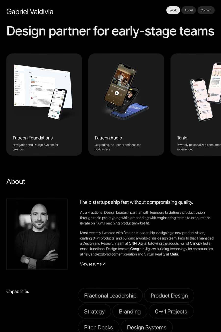 Gabriel Valdivia — screenshot of a black-and-white design portfolio site in black and white