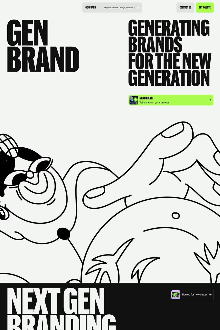 GENBRAND — screenshot of a neon, typographic design agency site in white and light green