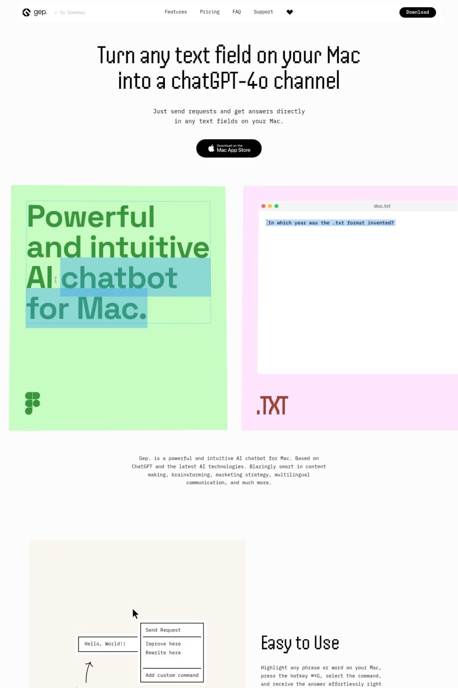 Gep — screenshot of a pixelated, pastel AI landing page in white and light green