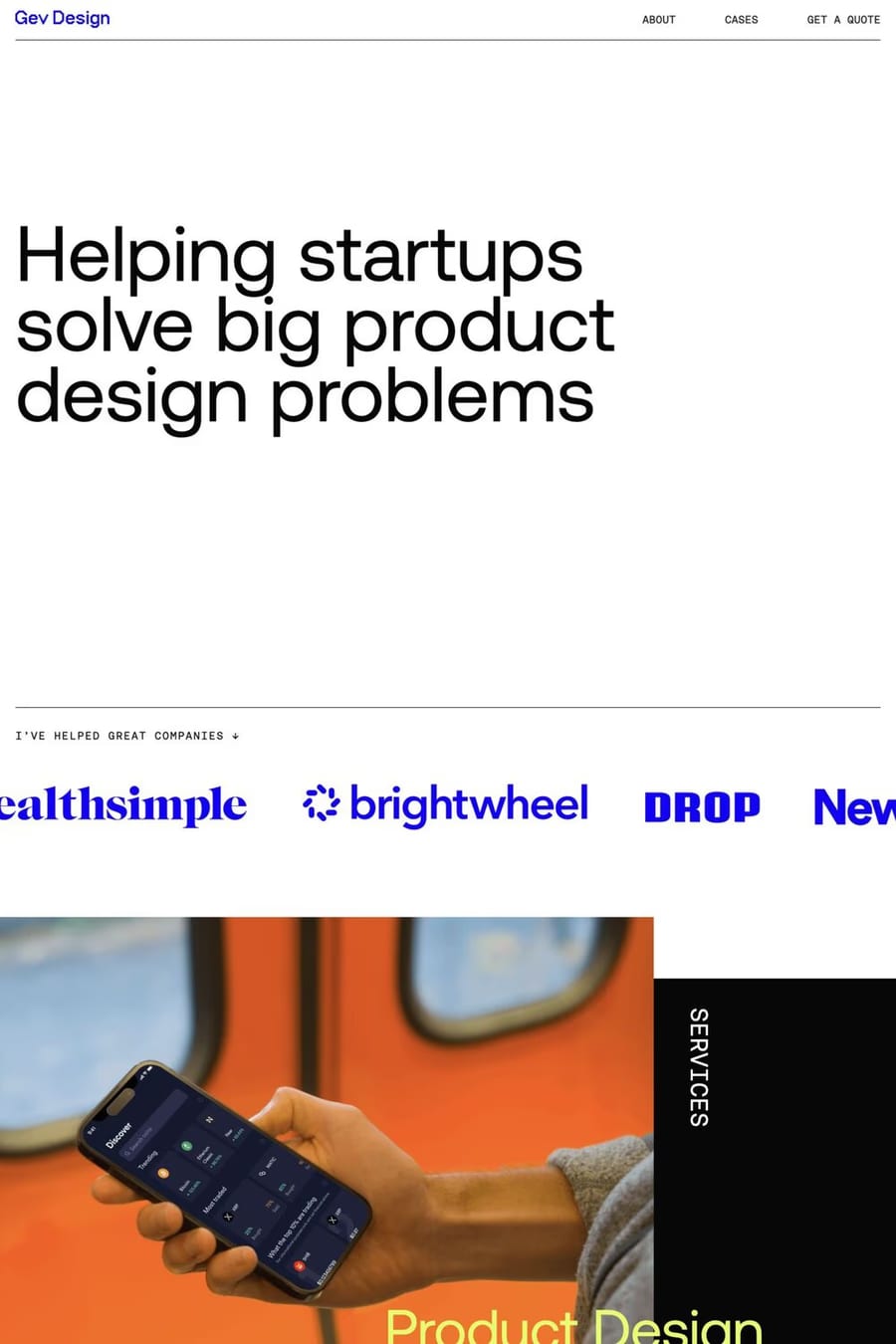 Gev Design — screenshot of a pixelated, bright design portfolio site in white and blue
