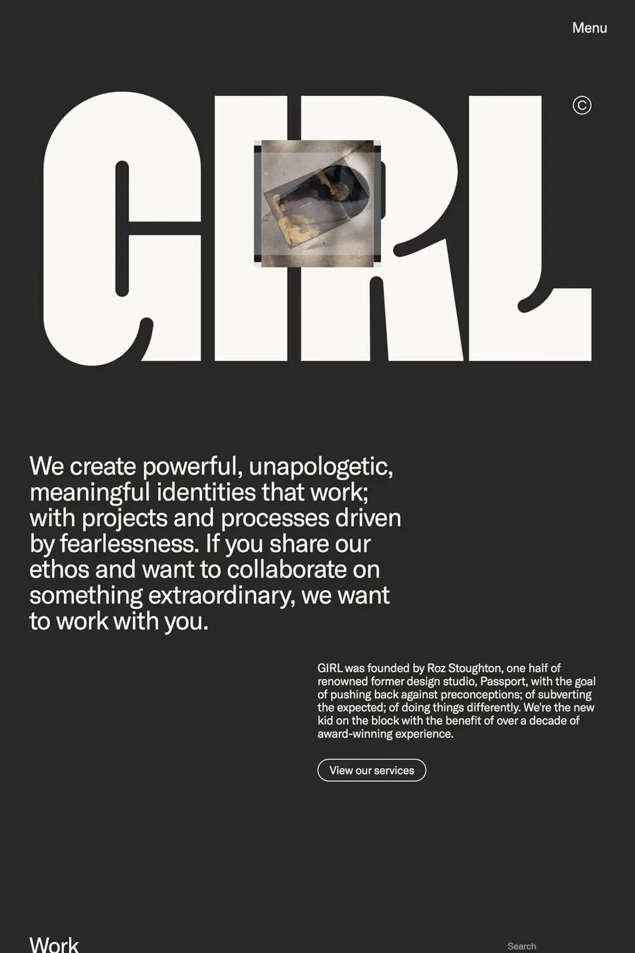 Girl — screenshot of a dark, typographic design agency site in black