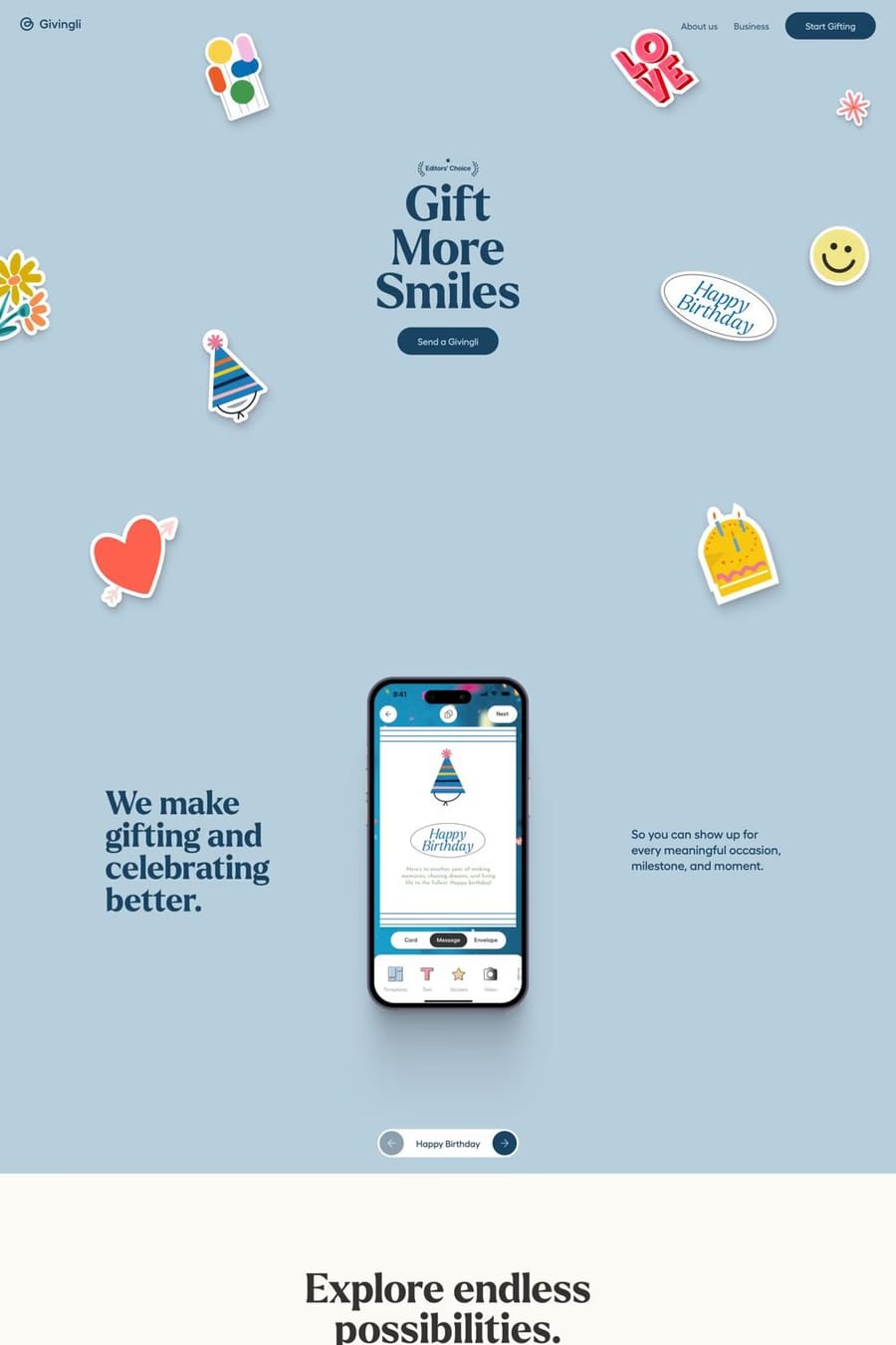 Givingli — screenshot of a fun, colourful retail landing page in light blue and light purple