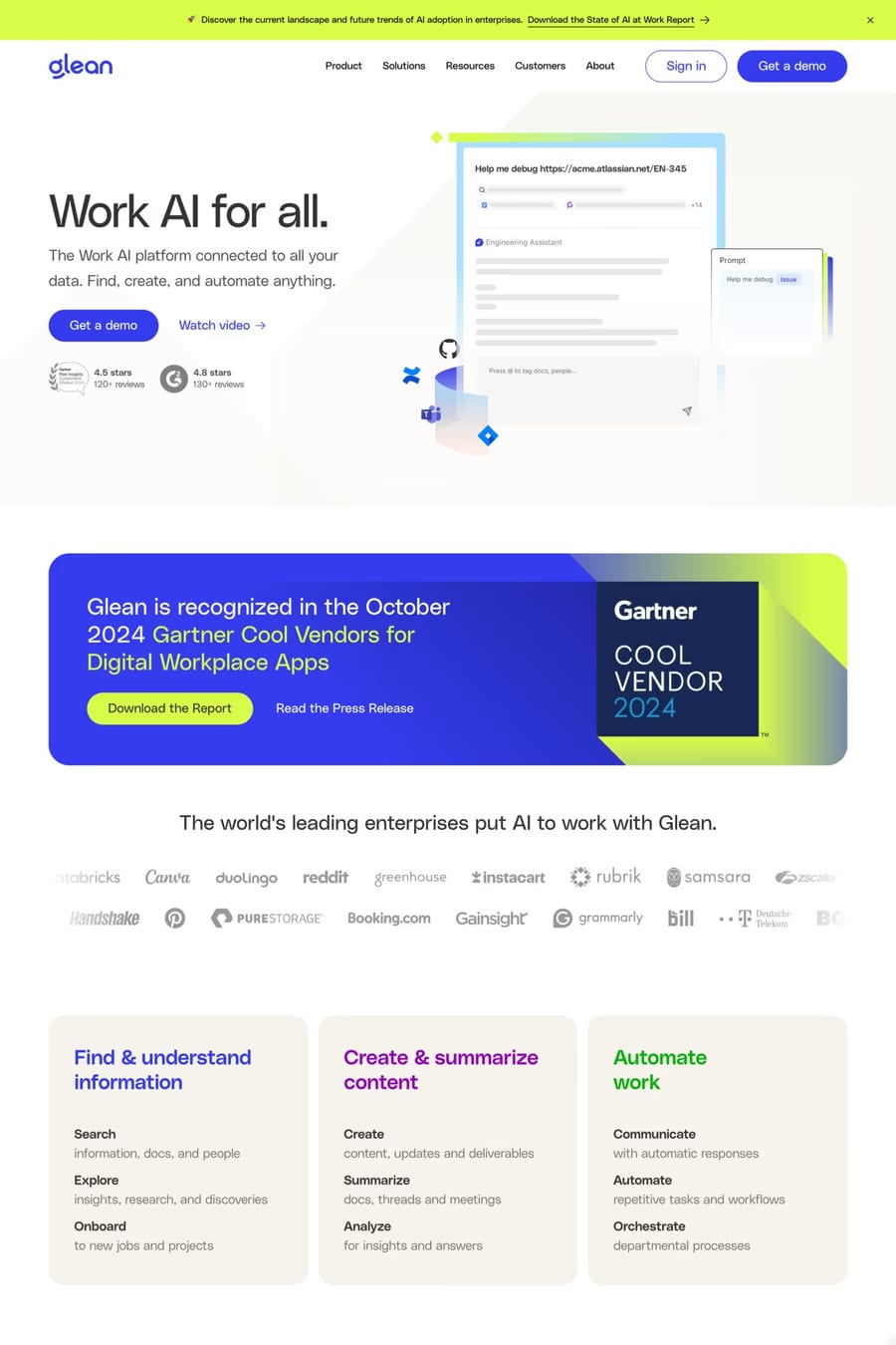 Glean — screenshot of a bright, neon software landing page in light green and blue