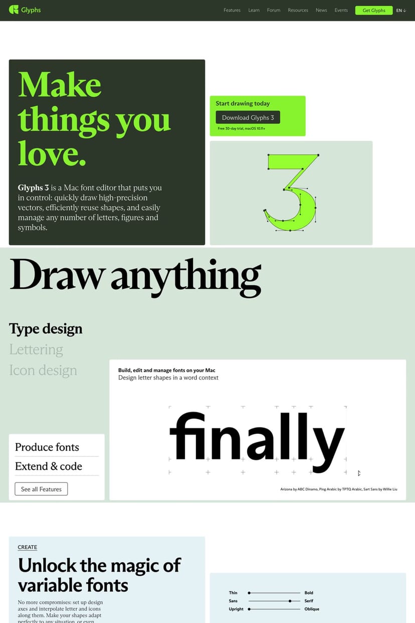 Glyphs — screenshot of a landing page