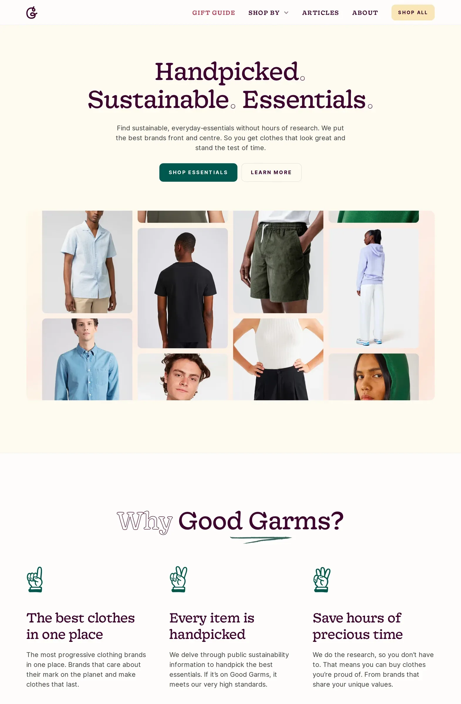 Good Garms — screenshot of a hand-drawn fashion landing page in cream and white