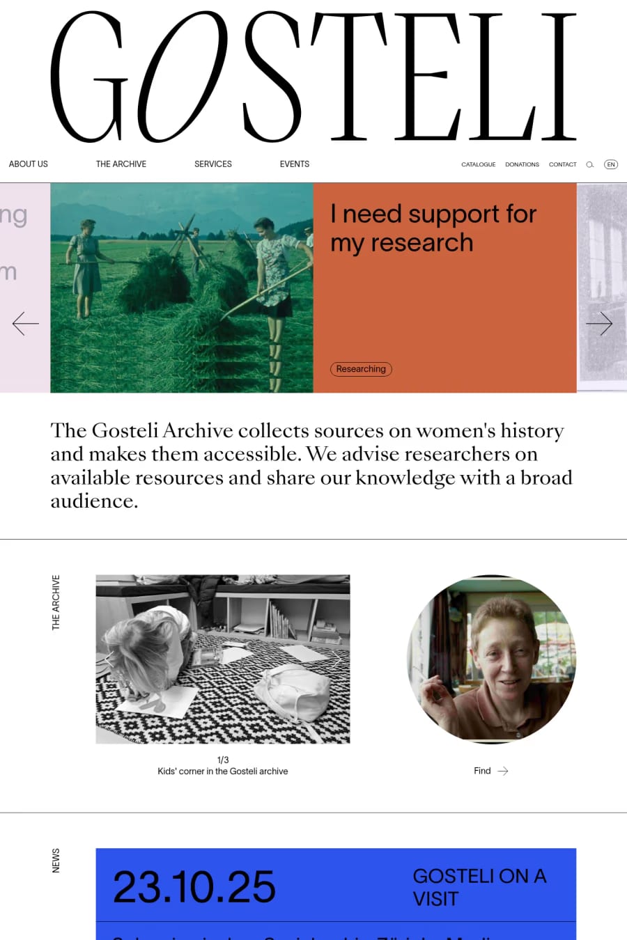 Gosteli-Archiv — screenshot of a typographic education directory site in white and red