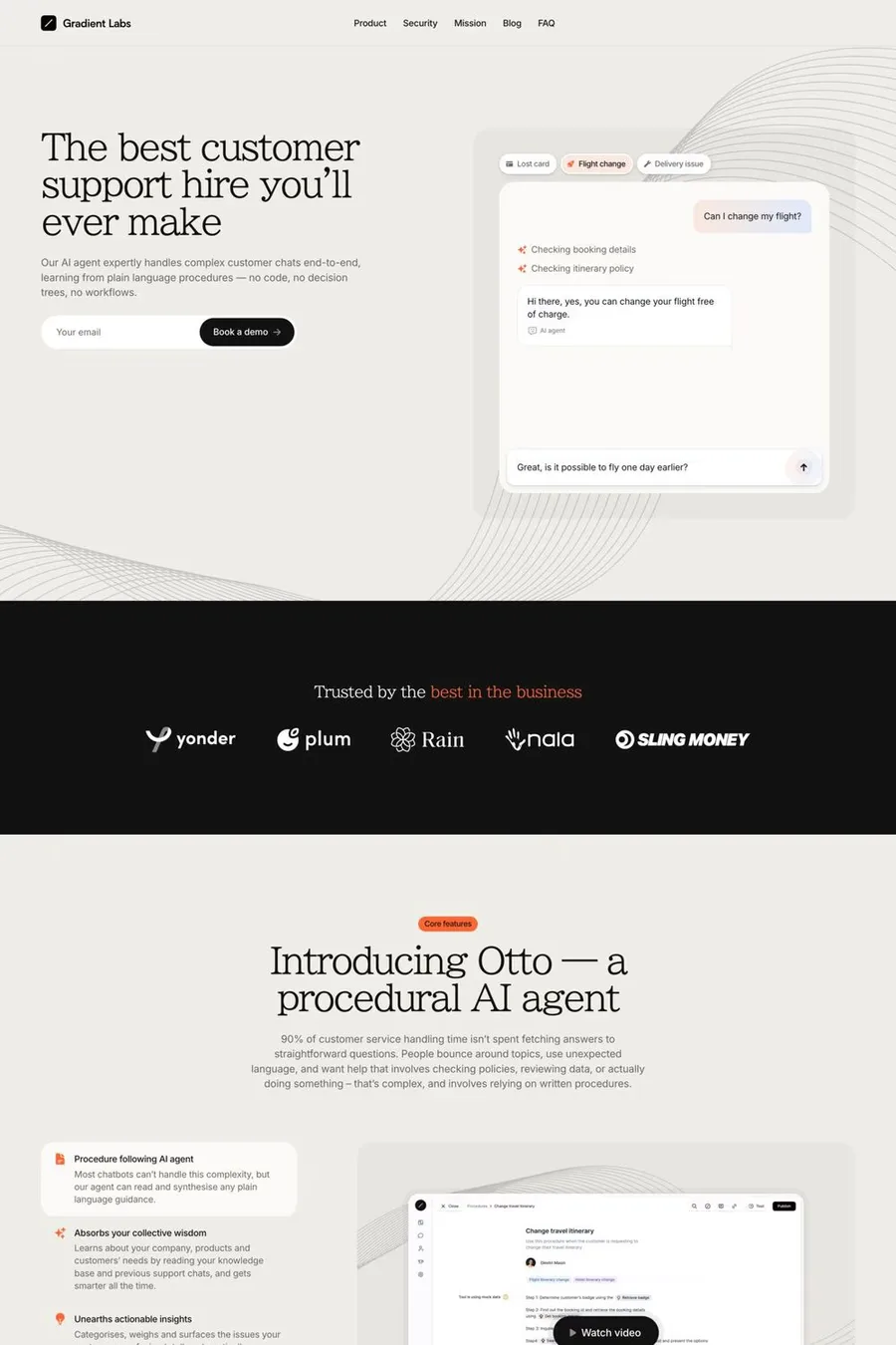 Gradient Labs — screenshot of a minimal AI landing page in beige and orange