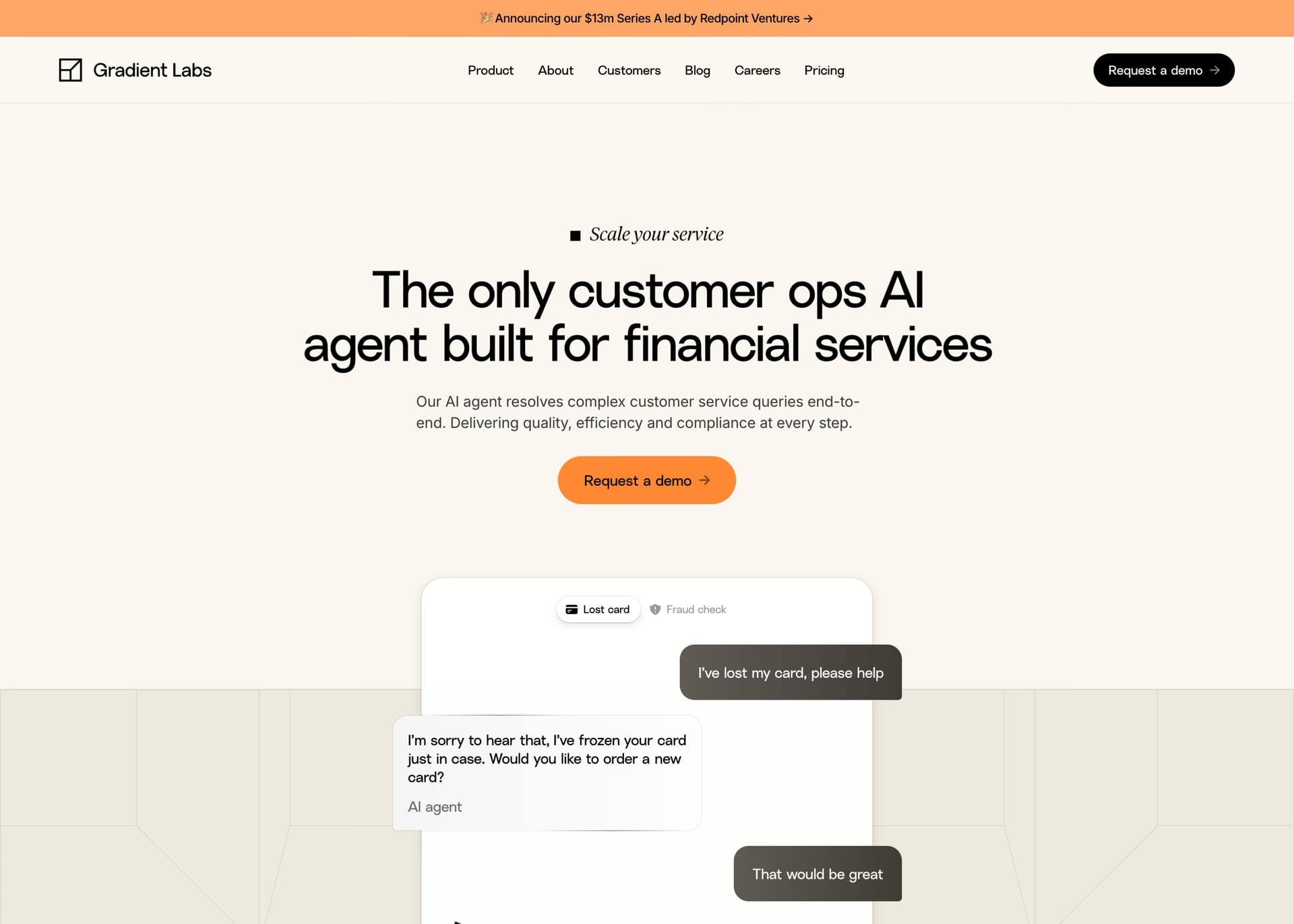 Gradient Labs — screenshot of a minimal, isometric AI landing page in beige and orange