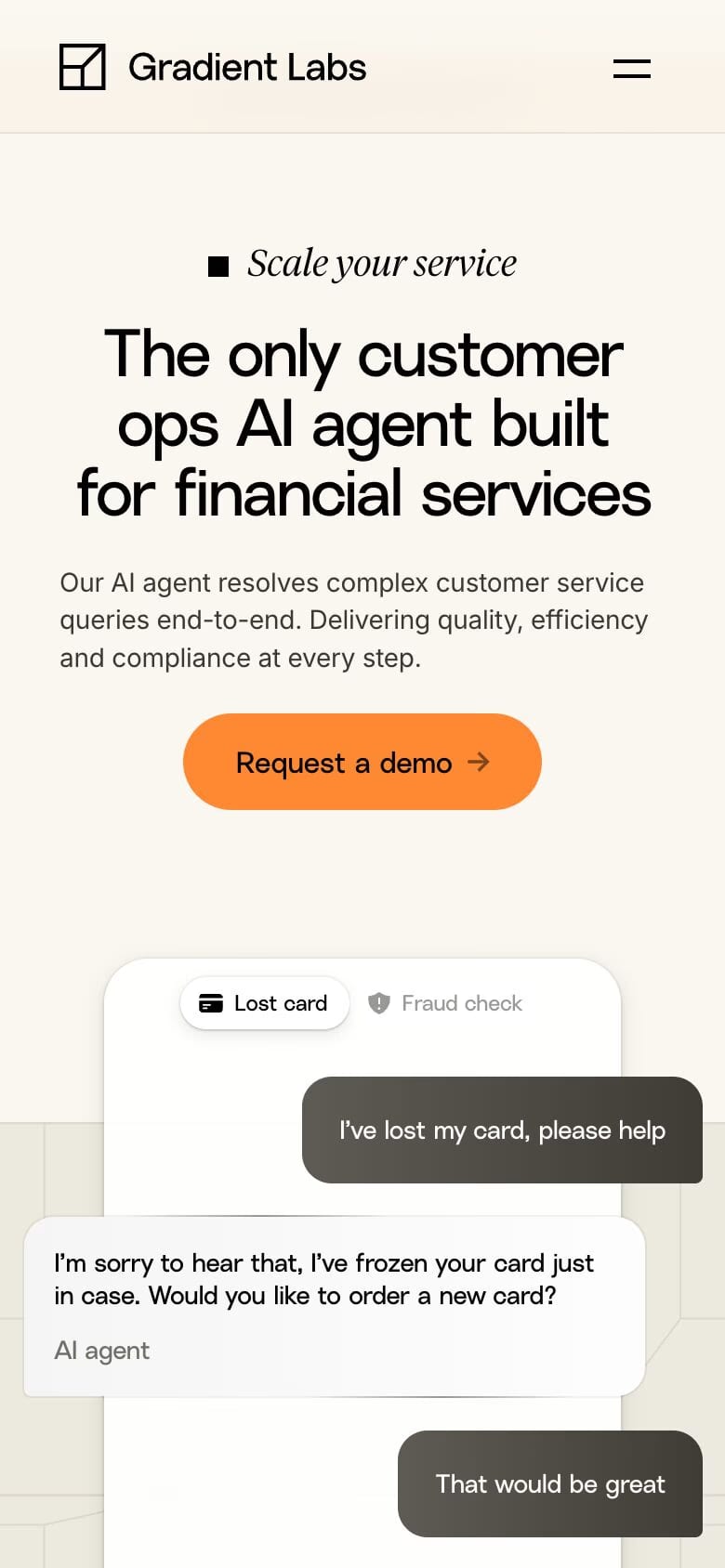 Gradient Labs — mobile screenshot of a minimal, isometric AI landing page in beige and orange