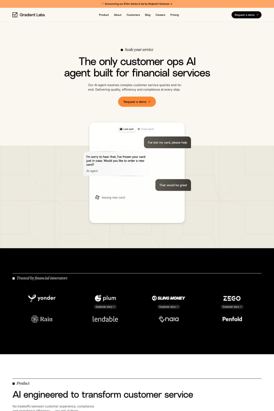 Gradient Labs — screenshot of a minimal, isometric AI landing page in beige and orange