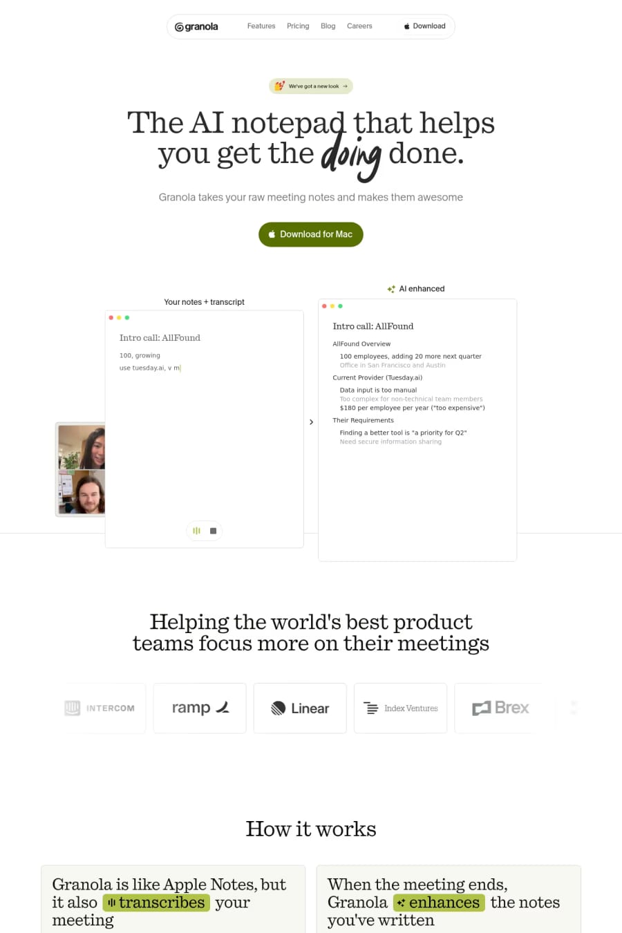 Granola — screenshot of a clean, hand-drawn AI landing page in white and dark green