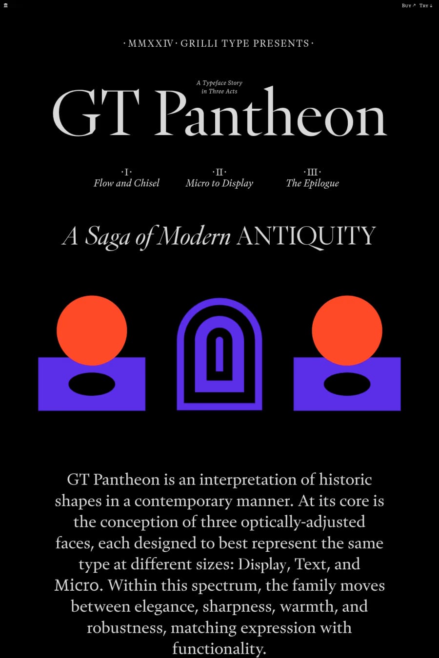 GT Pantheon — screenshot of a typographic, detailed typography landing page in black and purple