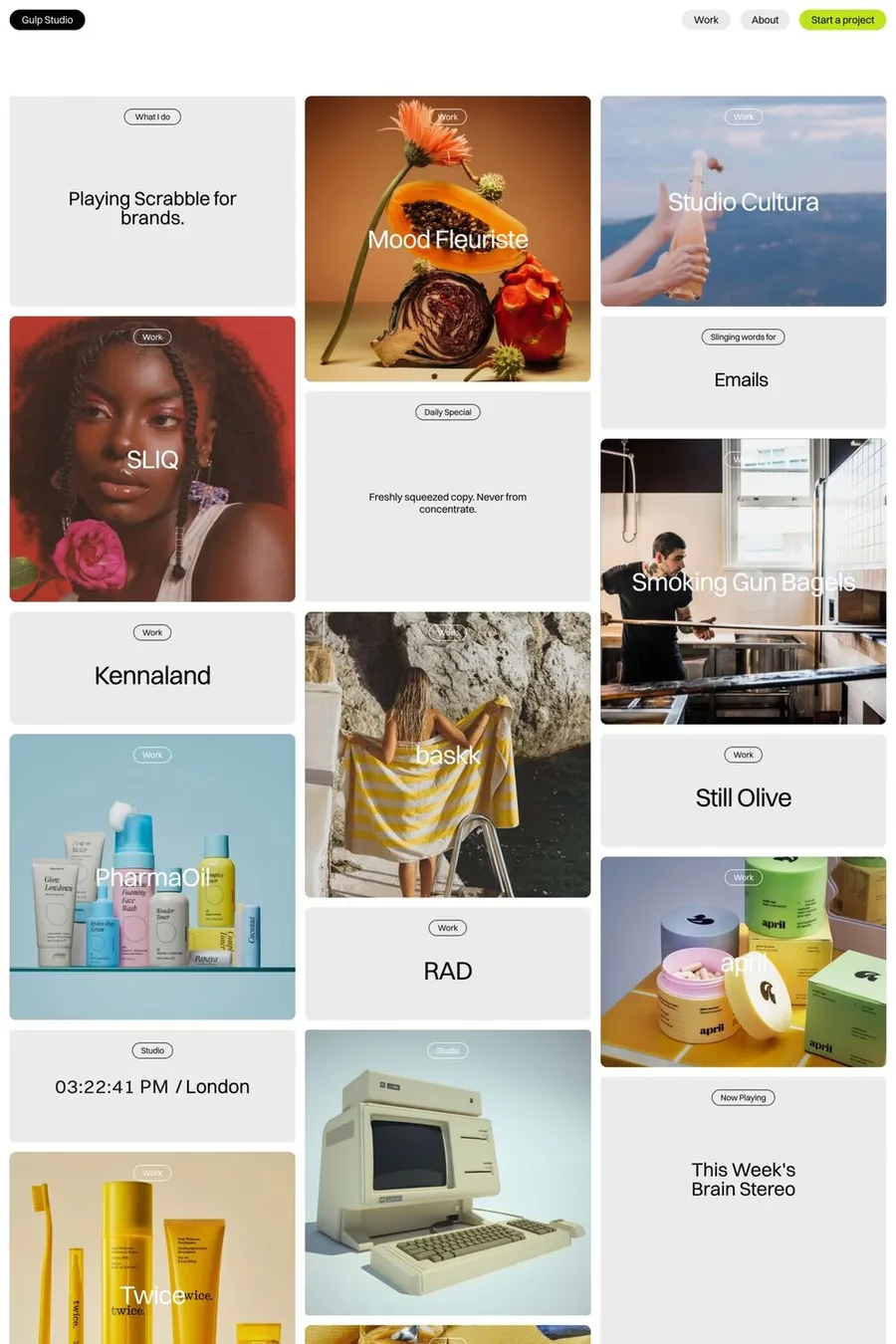 Gulp Studio — screenshot of a minimal writing portfolio site in white and green