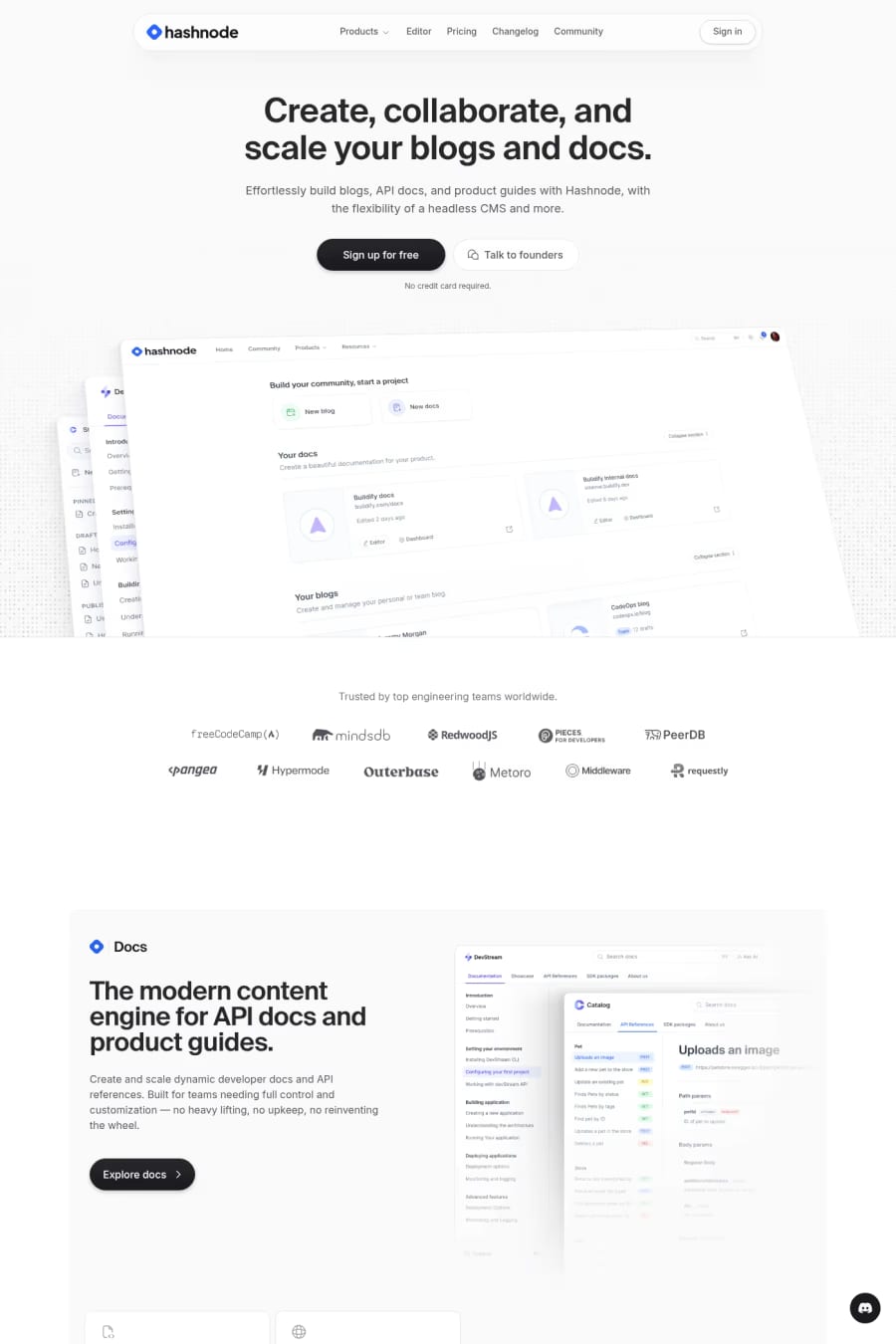 Hashnode — screenshot of a development landing page in blue and white, with patterns and a bento grid