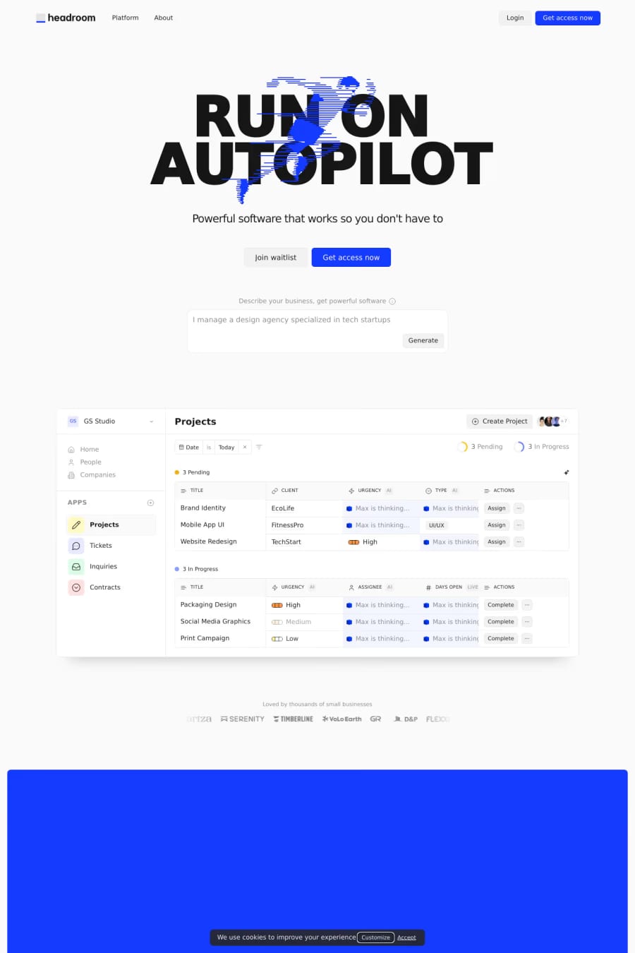 Headroom — screenshot of a light AI landing page in white and light grey