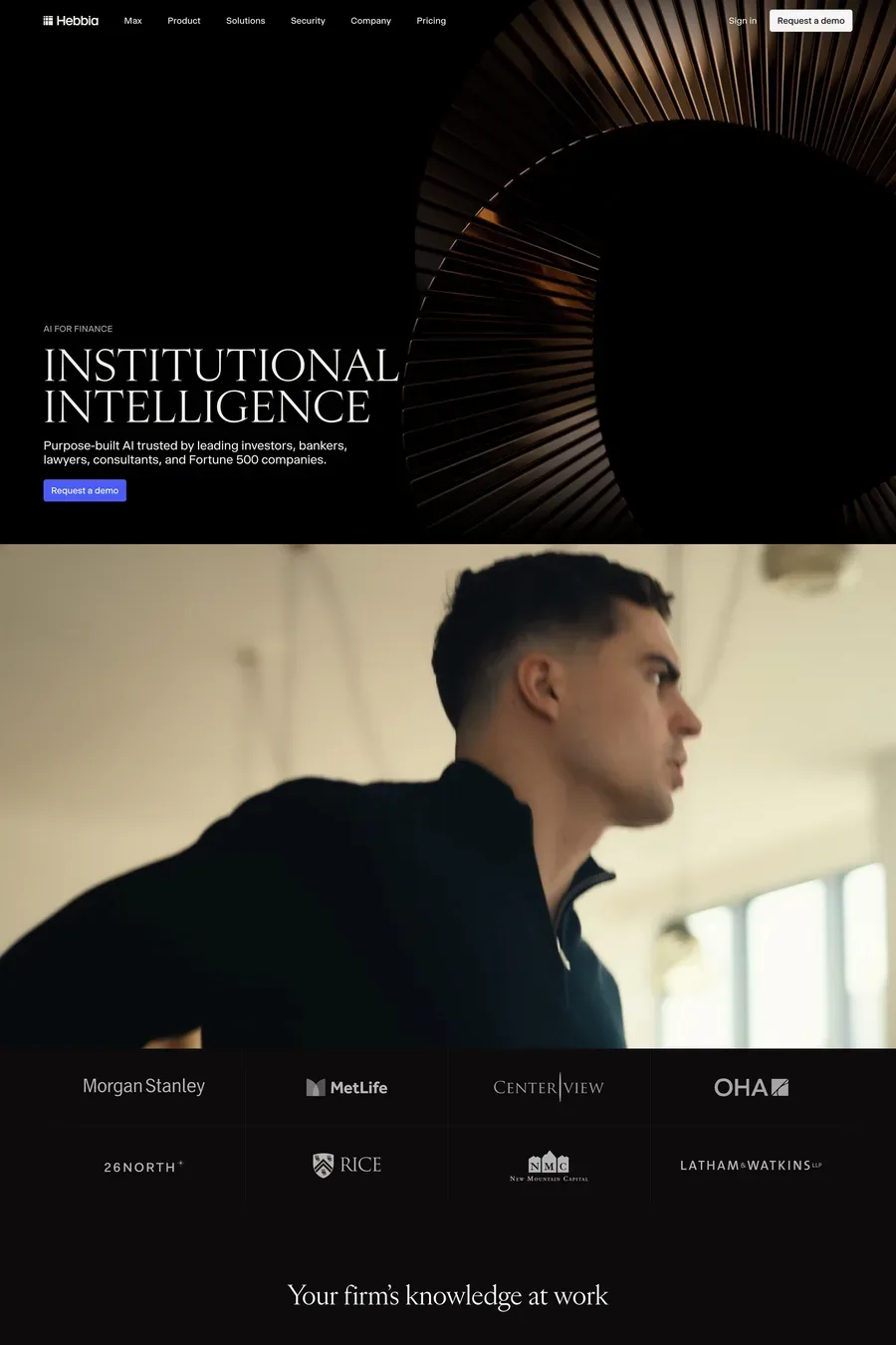 Hebbia — screenshot of a dark, elegant AI landing page in black and white