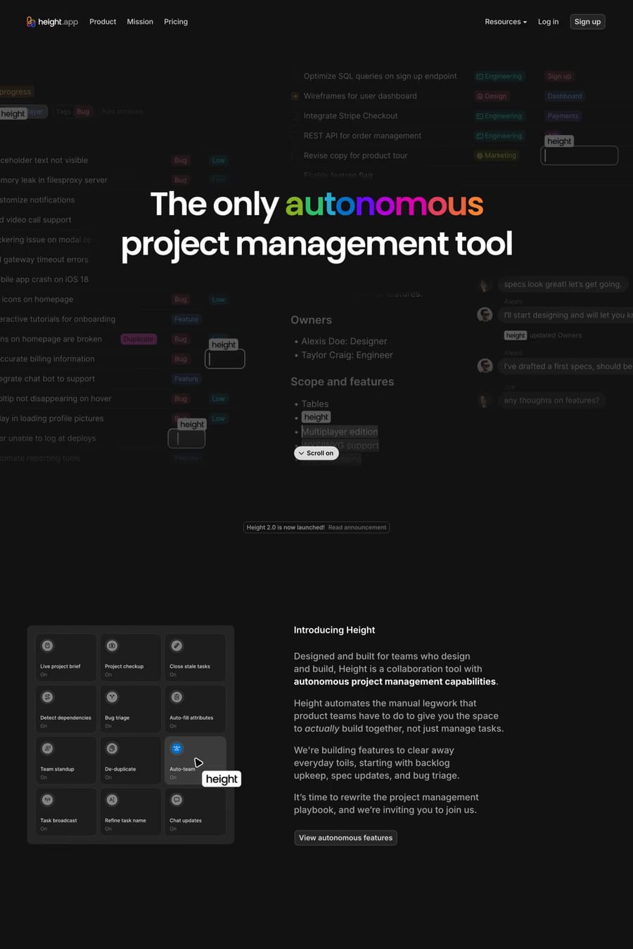 Height — screenshot of a dark, multi-coloured AI landing page in black and dark grey