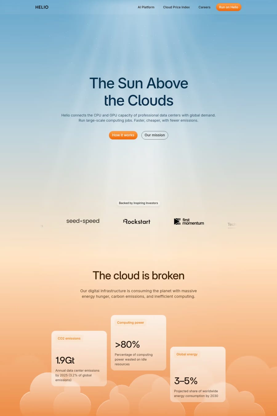 Helio — screenshot of a data landing page in light blue and orange, with blurred gradients and sans-serif type