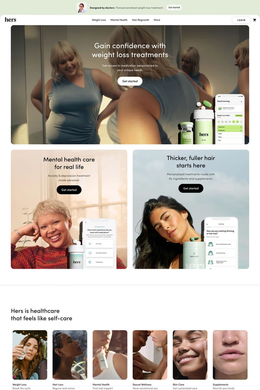 hers — screenshot of a pastel, minimal health online shop in white and light green