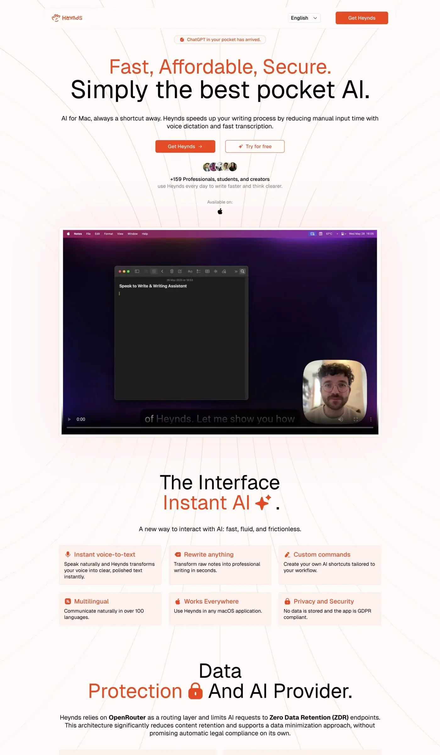 Heynds — screenshot of a light, colourful AI landing page in orange and beige