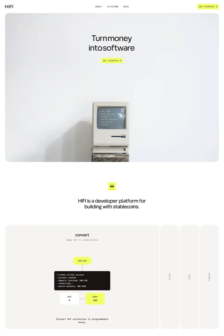 HIFI — screenshot of a minimal finance landing page in white and light grey