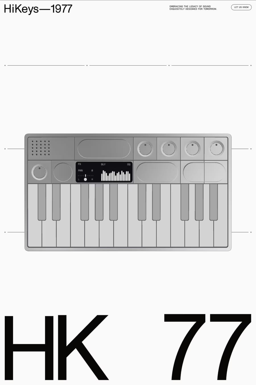 HiKeys—1977 — screenshot of a 3D, typographic music landing page in white and light grey