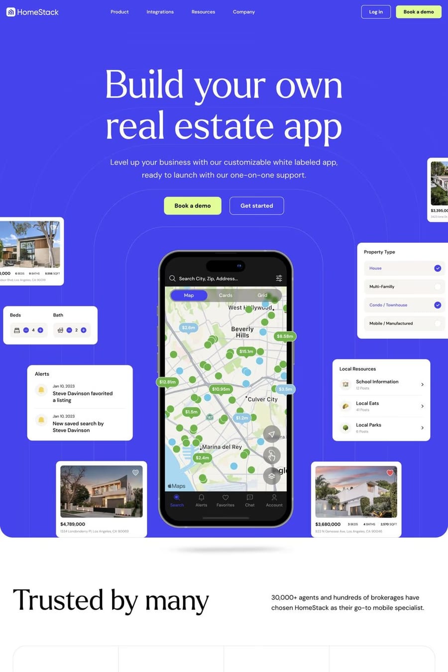Homestack — screenshot of a colourful real estate landing page in blue and light green