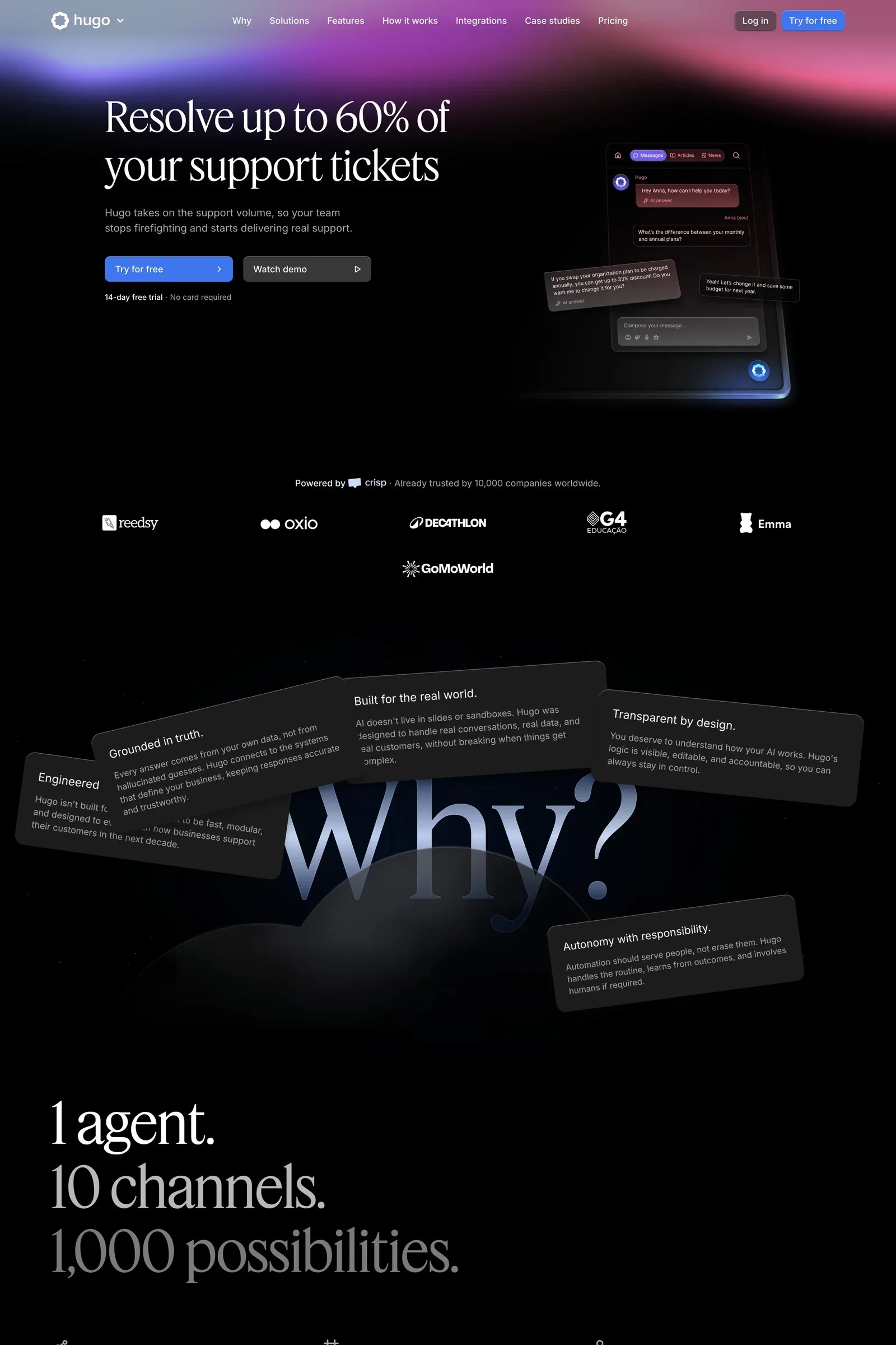 Hugo — screenshot of a dark, typographic AI landing page in black and dark purple