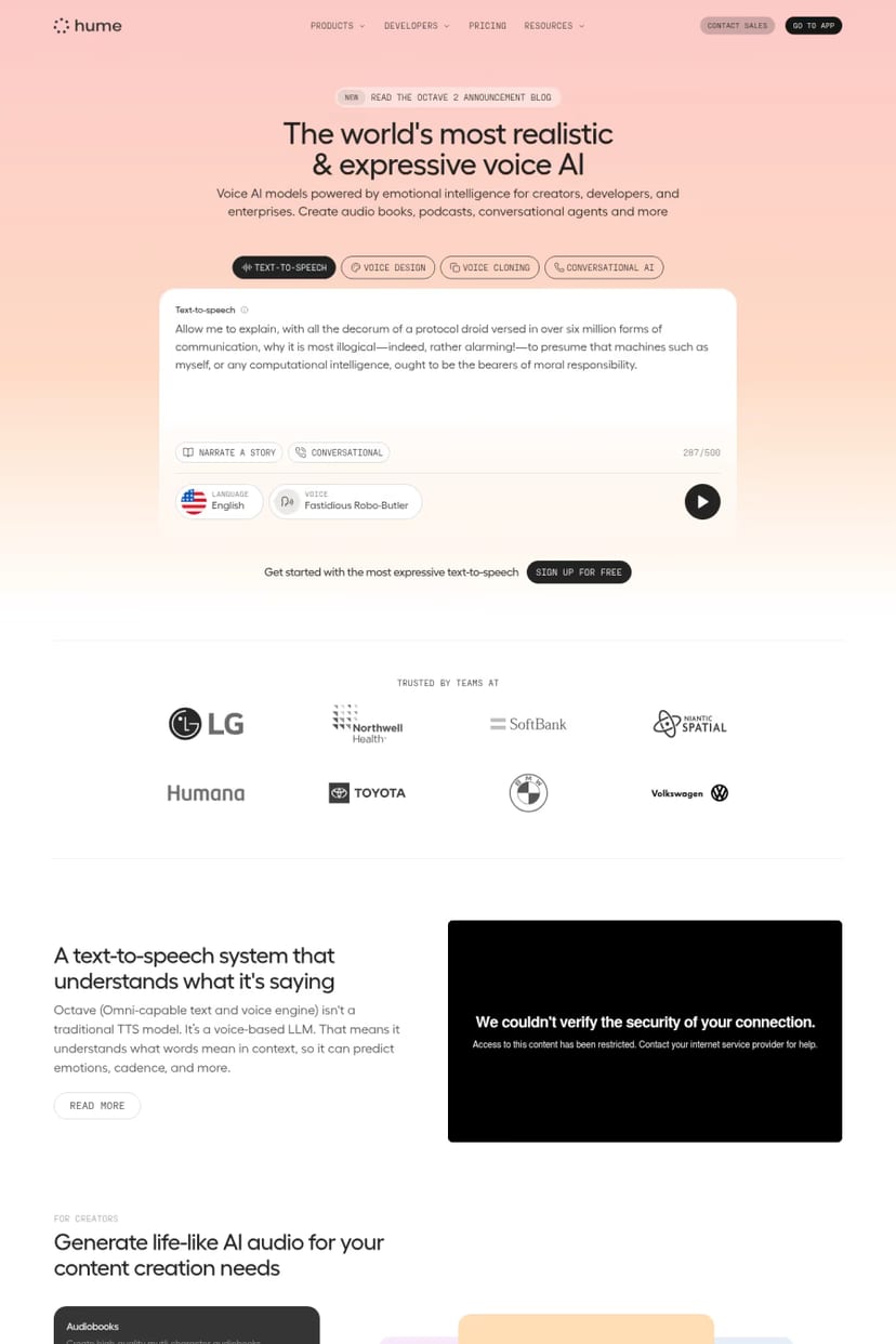 Hume AI — screenshot of a landing page