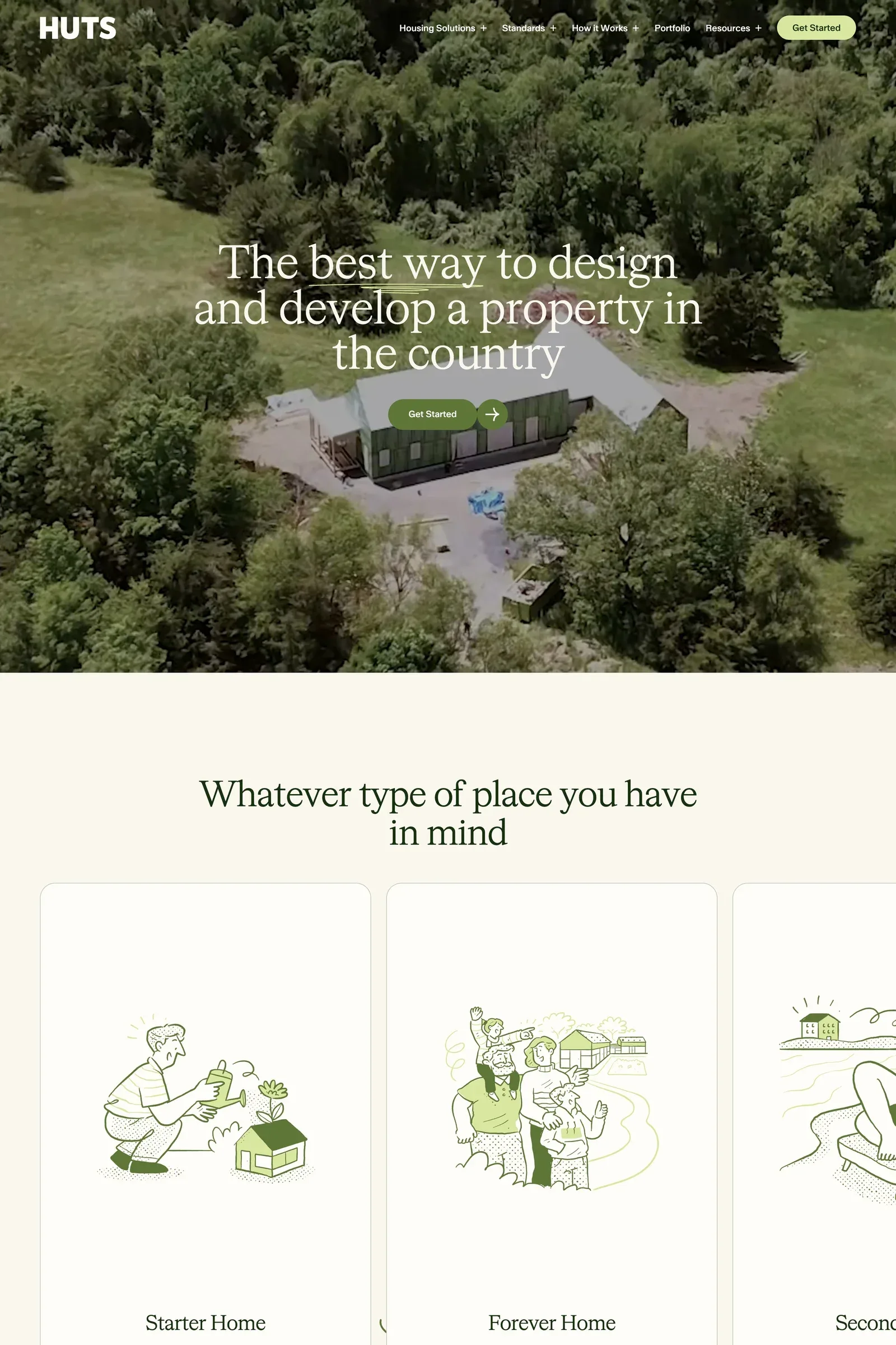 Huts — screenshot of a colourful, typographic real estate agency site in dark green and cream