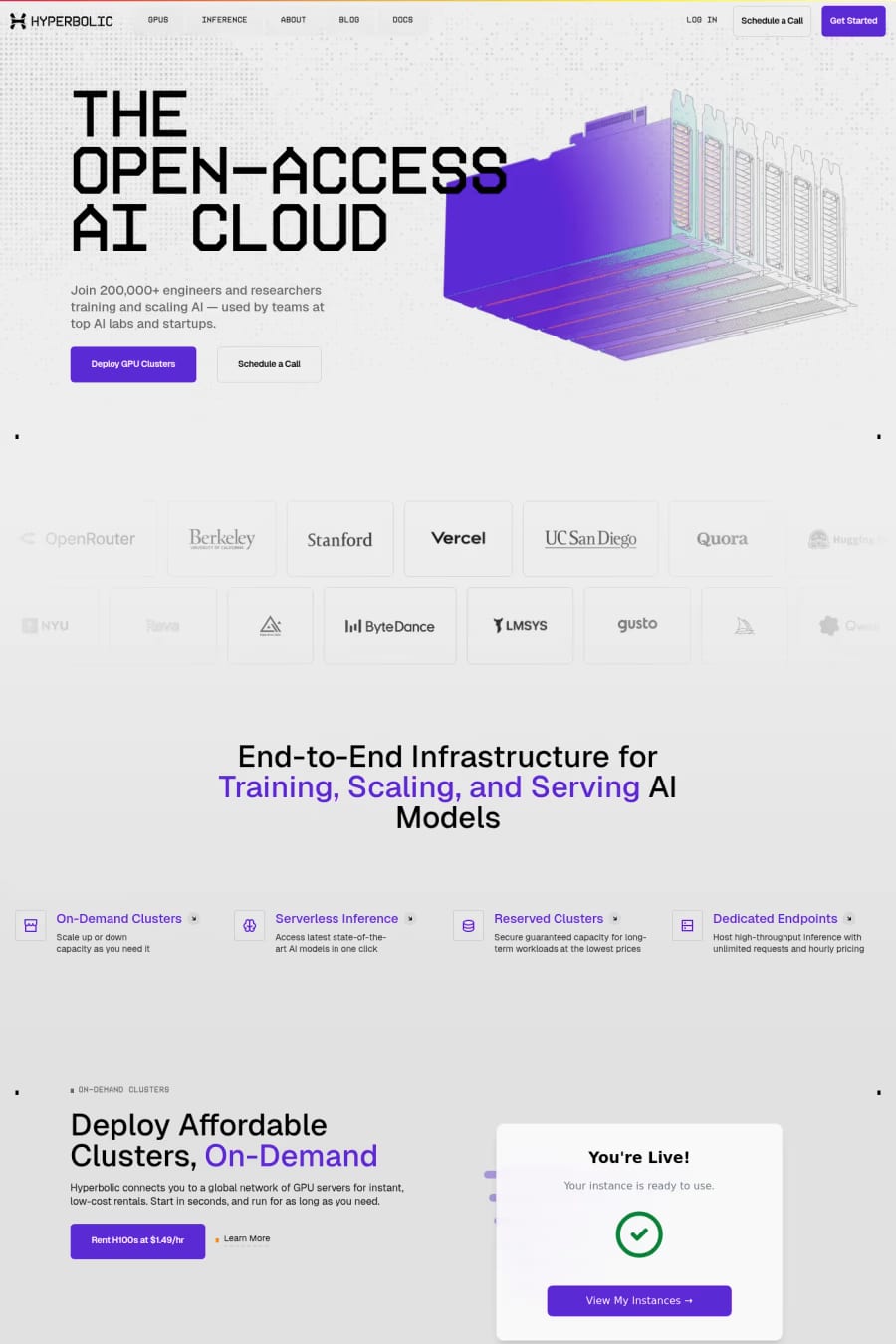 Hyperbolic — screenshot of a clean, techy AI landing page in grey and purple