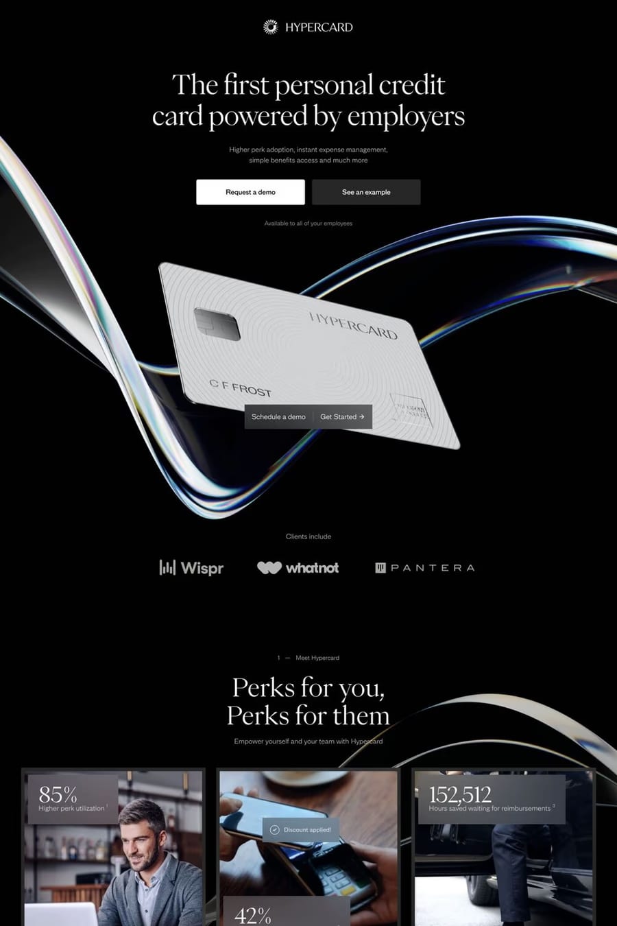 Hypercard — screenshot of a 3D, dark finance landing page in black