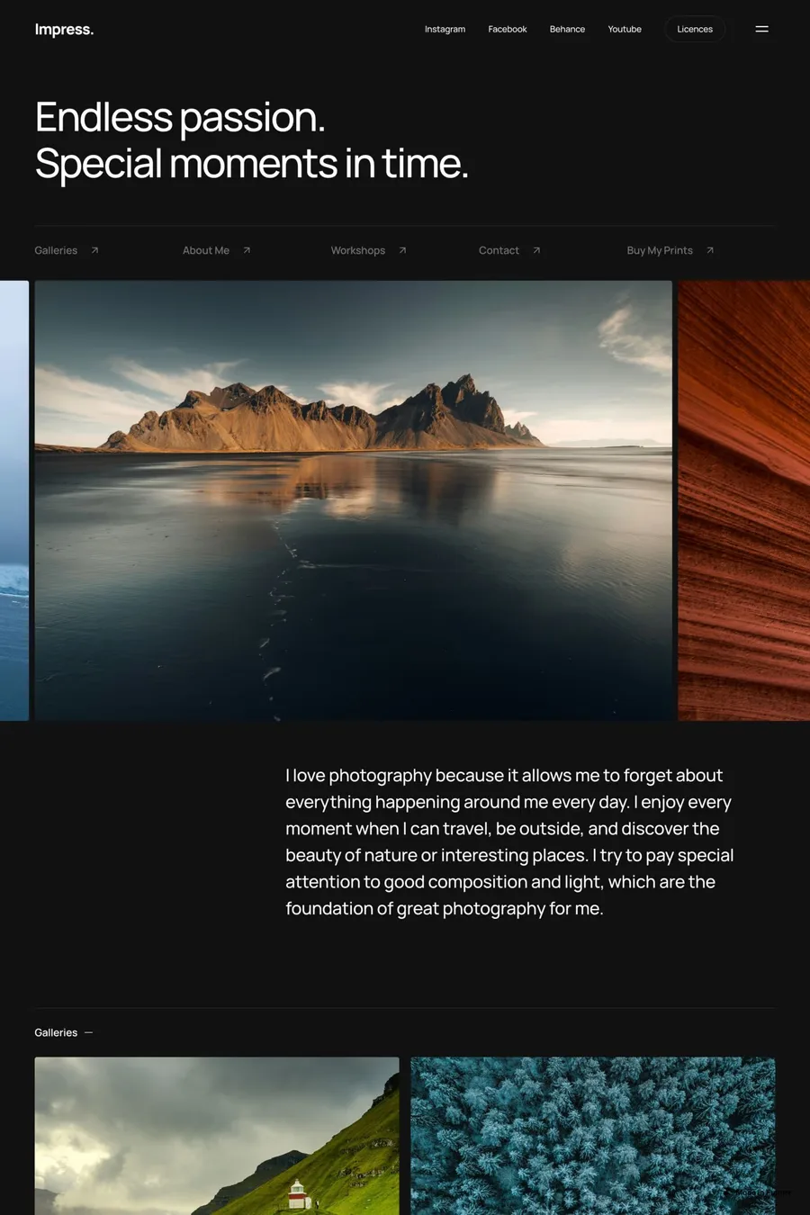 Impress — screenshot of a dark, monochrome photography portfolio template in black