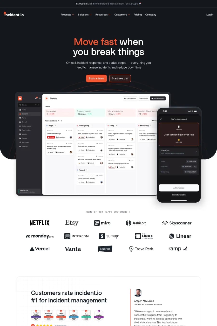 2025 — screenshot of a software landing page in dark blue and orange, with line work and sans-serif type
