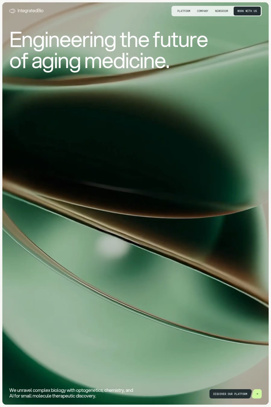 Integrated Biosciences — screenshot of a light, minimal science landing page in dark green and light green