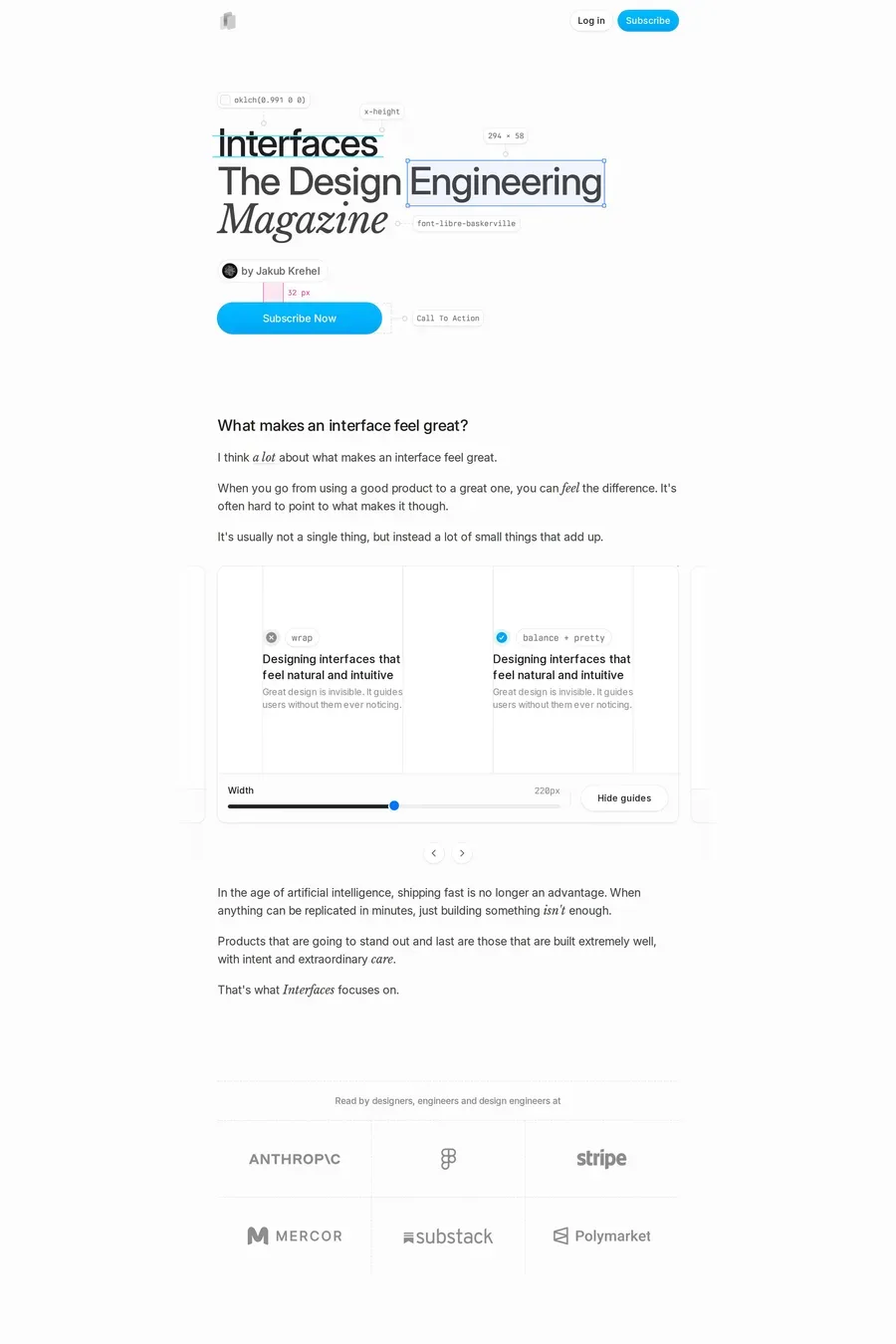 Interfaces — screenshot of an editorial, minimal design blog in white and black