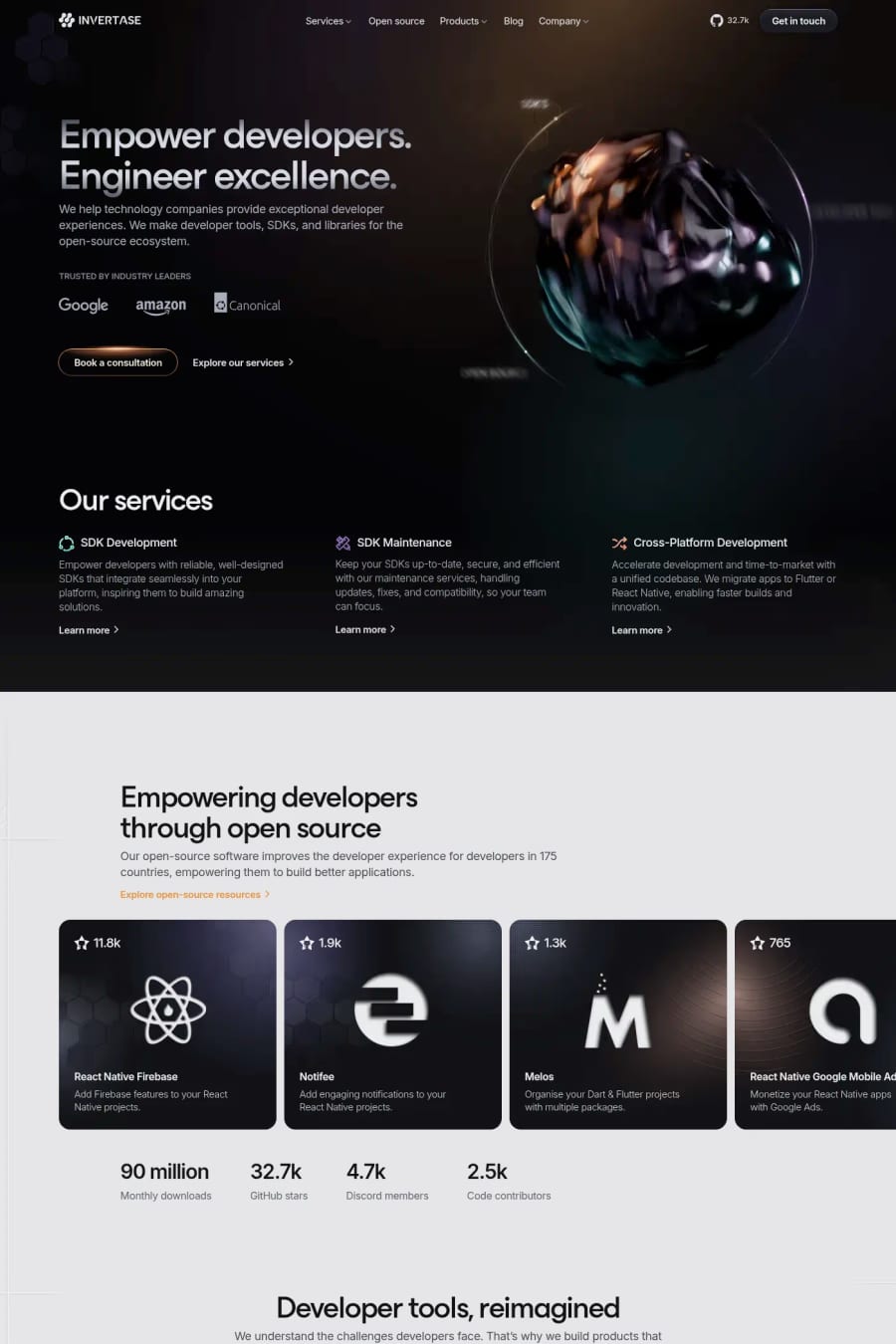 Invertase — screenshot of a techy, 3D development landing page in black and orange