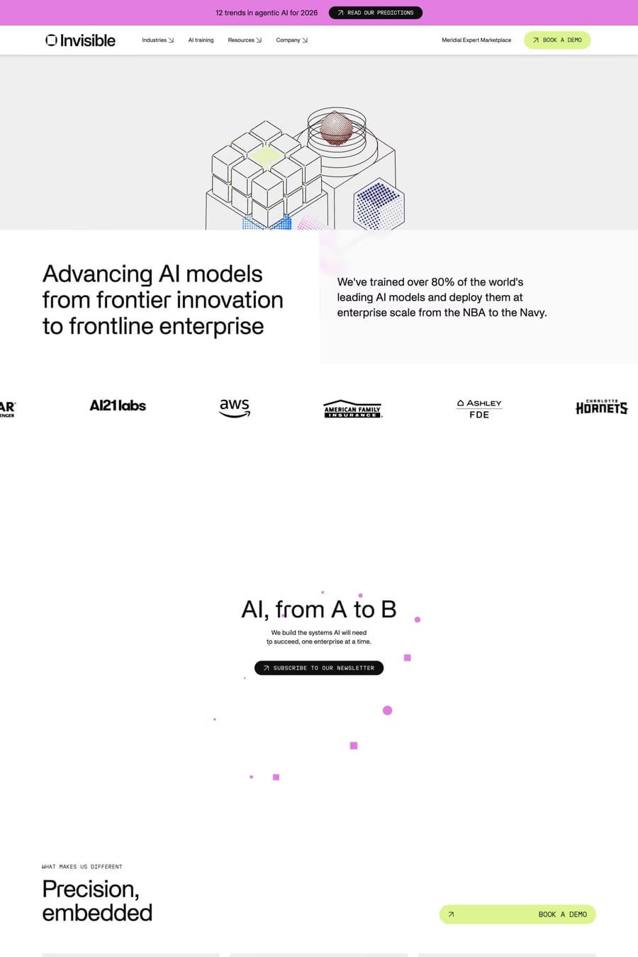 Invisible Technologies — screenshot of an isometric AI landing page in white and light grey