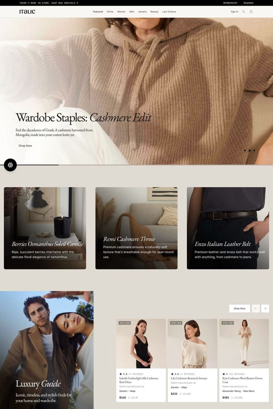 Italic — screenshot of a fashion online shop in beige and white