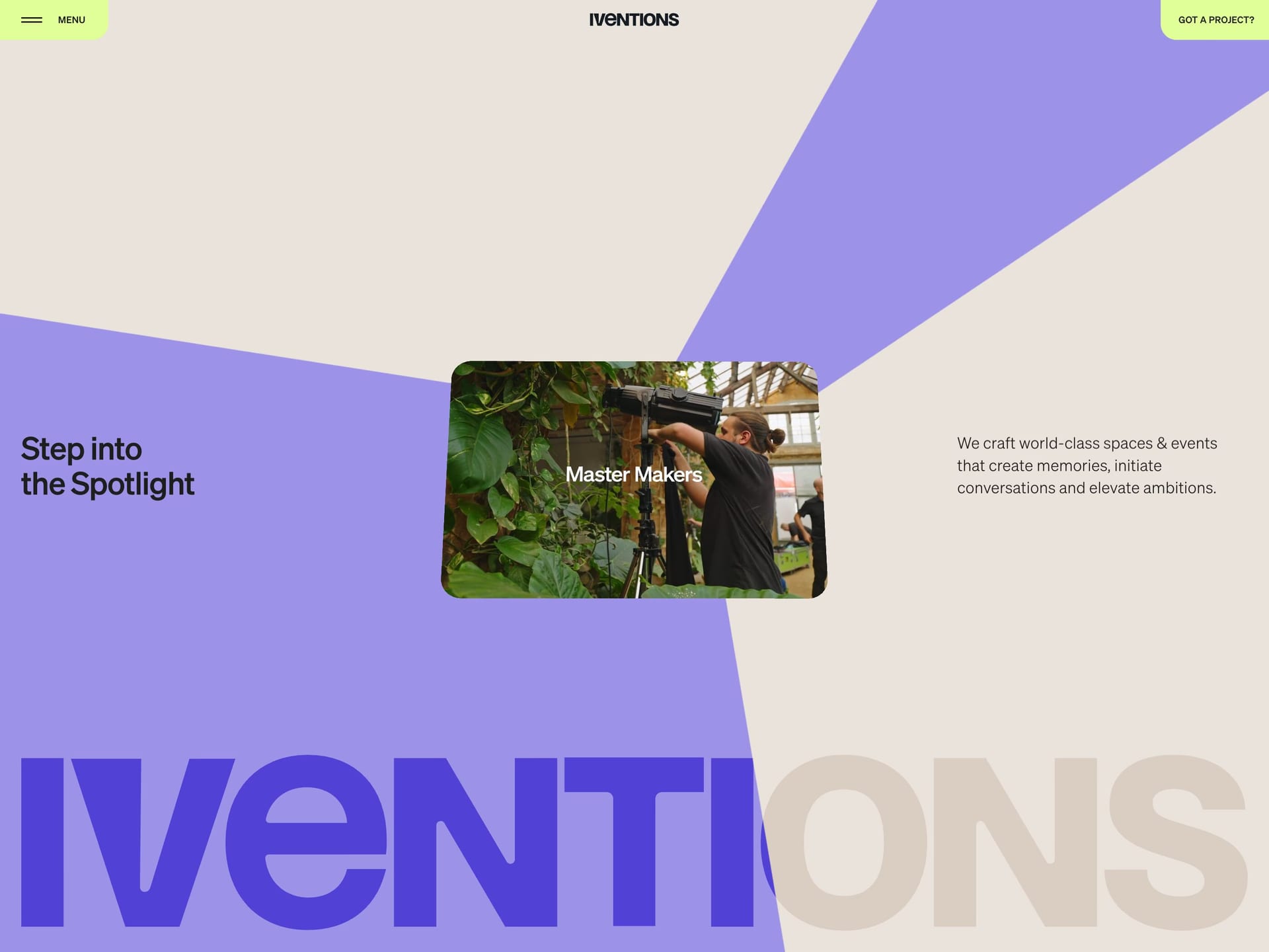 Iventions — screenshot of an events agency site in purple and beige, with sans-serif type and patterns