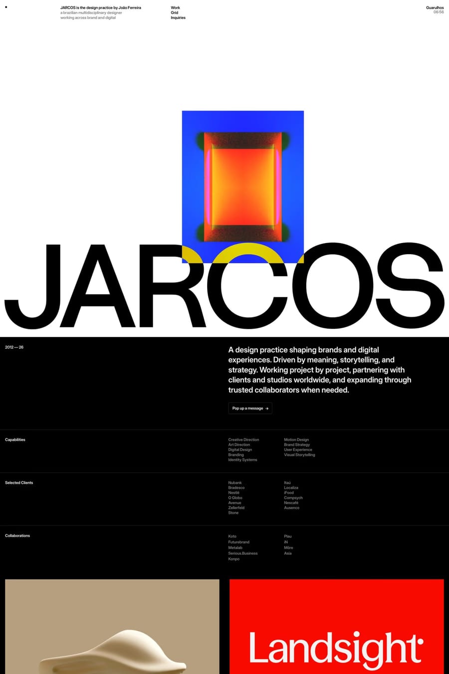 JARCOS — screenshot of a minimal, typographic design portfolio site in white and black